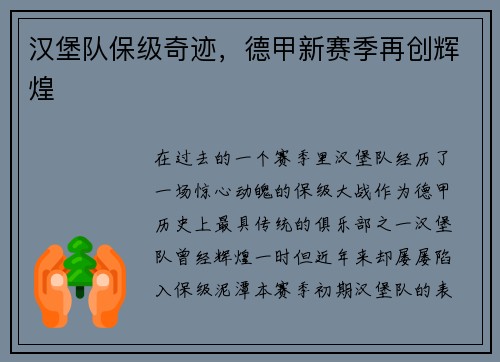 汉堡队保级奇迹，德甲新赛季再创辉煌