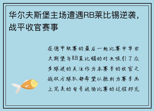 华尔夫斯堡主场遭遇RB莱比锡逆袭，战平收官赛事