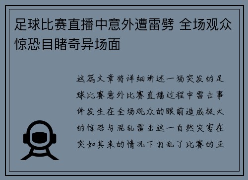 足球比赛直播中意外遭雷劈 全场观众惊恐目睹奇异场面